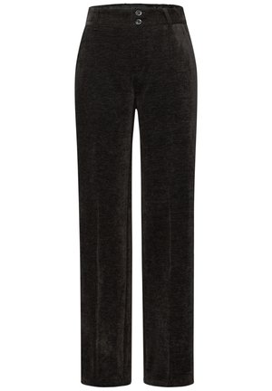 Zwart fluwelen broek met een rechte pasvorm, voorzien van twee knopen in de taille, een vlakke voorkant en een zachte, gestructureerde oppervlakte.