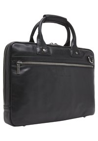 Schwarze Laptoptasche aus Leder mit doppelten Obergriffen, einer vorderen Reißverschlusstasche, silberner Hardware und einer glatten Oberfläche; verfügt über ein Logo-Emblem auf der Vorderseite.