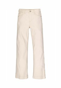 Wijd uitlopende broek van lichtbeige katoen met een knoopsluiting, vijf zakken en omgeslagen zoom voor een relaxte pasvorm.