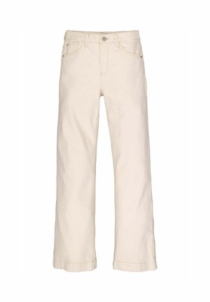 Wijd uitlopende broek van lichtbeige katoen met een knoopsluiting, vijf zakken en omgeslagen zoom voor een relaxte pasvorm.