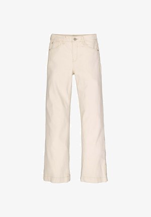 Wijd uitlopende broek van lichtbeige katoen met een knoopsluiting, vijf zakken en omgeslagen zoom voor een relaxte pasvorm.