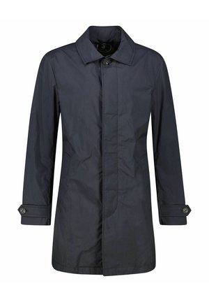 Navy blue, lightweight jacket with a collared neckline, front button closure, side pockets, and buttoned cuffs, crafted from smooth fabric.