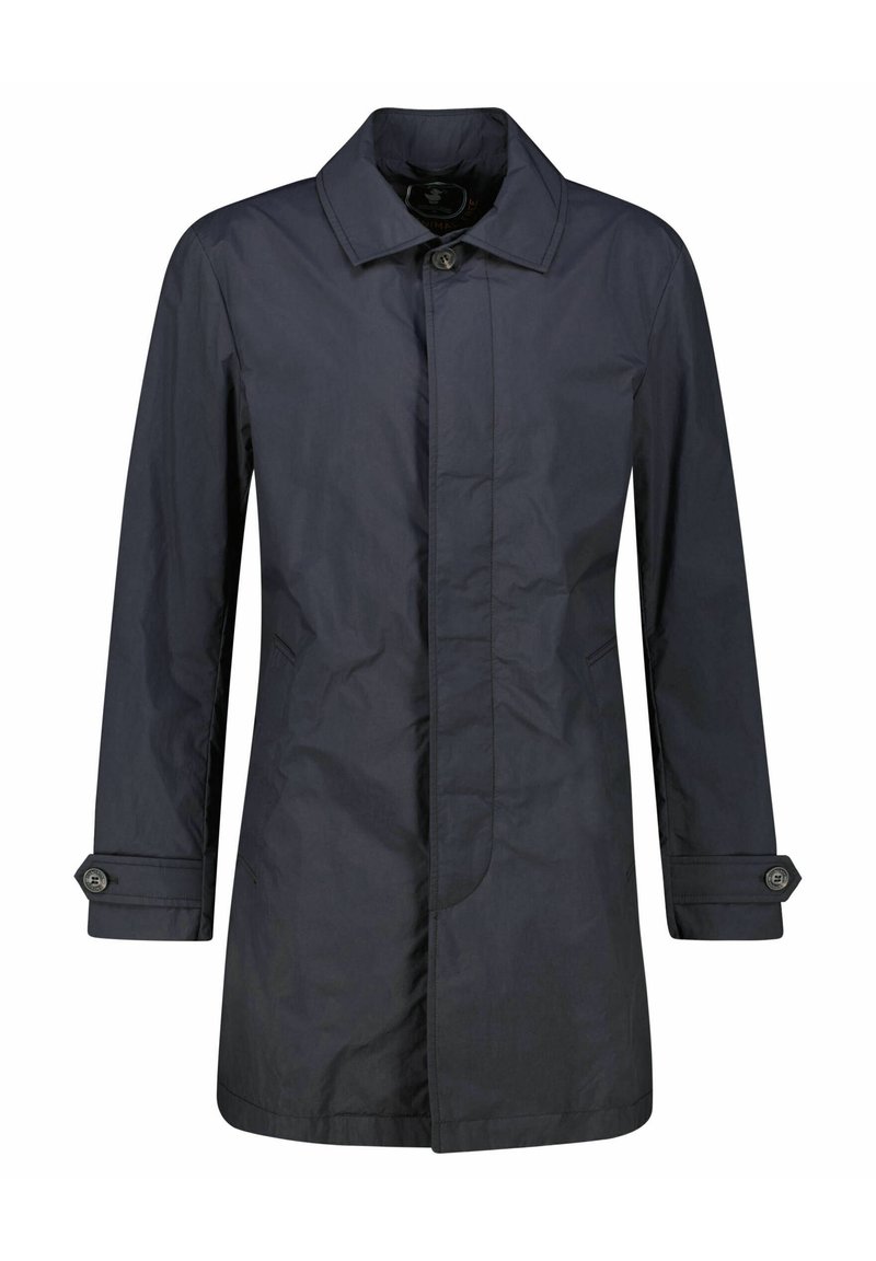 Giacca leggera di colore blu navy con colletto, chiusura frontale a bottoni, tasche laterali e polsini con bottone, realizzata in tessuto liscio.
