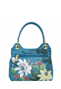 Blauwe leren handtas met bloemmotieven in wit, geel en rood. Goudkleurige hardware en een korte schouderriem. Elegante stikdetails.