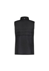 Gilet rembourré noir avec un col montant, présentant des lignes de matelassage horizontales et un petit accent tricolore au niveau de l'encolure arrière.