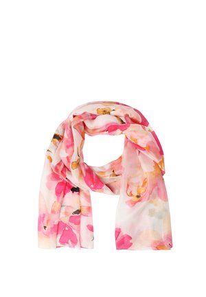 Lichte, doorschijnende sjaal met roze, oranje en beige aquarel bloemmotieven, losjes opgevouwen tegen een witte achtergrond.