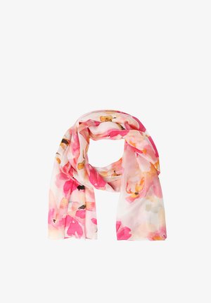 Lichte, doorschijnende sjaal met roze, oranje en beige aquarel bloemmotieven, losjes opgevouwen tegen een witte achtergrond.