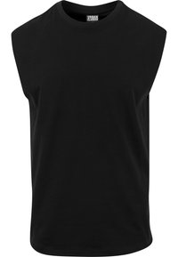 Black sleeveless cotton t-shirt with a round neckline and a relaxed fit. Smooth texture without patterns or embellishments.