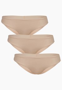 Tre paia di mutande seamless beige a vita media, con una texture liscia e accenti beige chiaro a contrasto lungo l'elastico e le gambe.