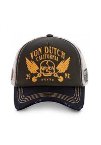 Grün und marineblaue Trucker-Cap mit Netzrücken, verfügt über gelbe Grafikschrift und einen Totenschädel mit Flügeln, abgenutzter vorderer Schirm, verstellbarer Snapback-Verschluss.