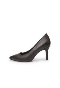 Décolleté nera in pelle con punta affusolata e scollatura bassa, caratterizzata da un tacco sottile di 8 cm e una finitura liscia.