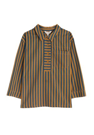 Chemise à manches longues à rayures verticales marron et bleues, avec un col, cinq boutons et une poche poitrine gauche. Tissu doux, coupe décontractée.