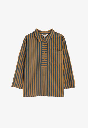 Camisa de manga larga en franjas verticales marrones y azules, con un collar, cinco botones y un bolsillo en el pecho izquierdo. Tejido suave, corte relajado.