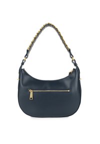 Sac hobo en cuir bleu marine avec une bandoulière en chaîne dorée, poche avant zippée et texture lisse. Forme incurvée, design minimaliste et quincaillerie polie.