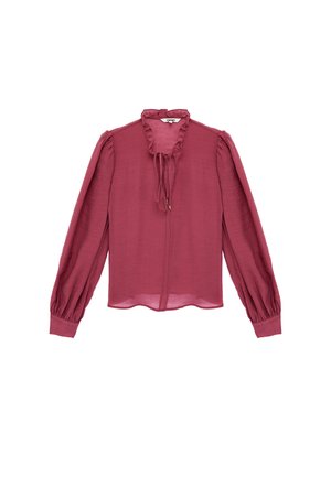 Langärmlige mauvefarbene Bluse mit gerafftem Kragen und Bindetupfen, gesammelten Manschetten und leichtem, strukturiertem Stoff.