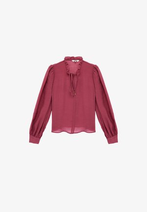 Langärmlige mauvefarbene Bluse mit gerafftem Kragen und Bindetupfen, gesammelten Manschetten und leichtem, strukturiertem Stoff.