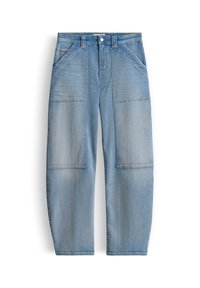 Light blue denim pants with front patch pockets, belt loops, and a button fly closure laid flat against a white background.