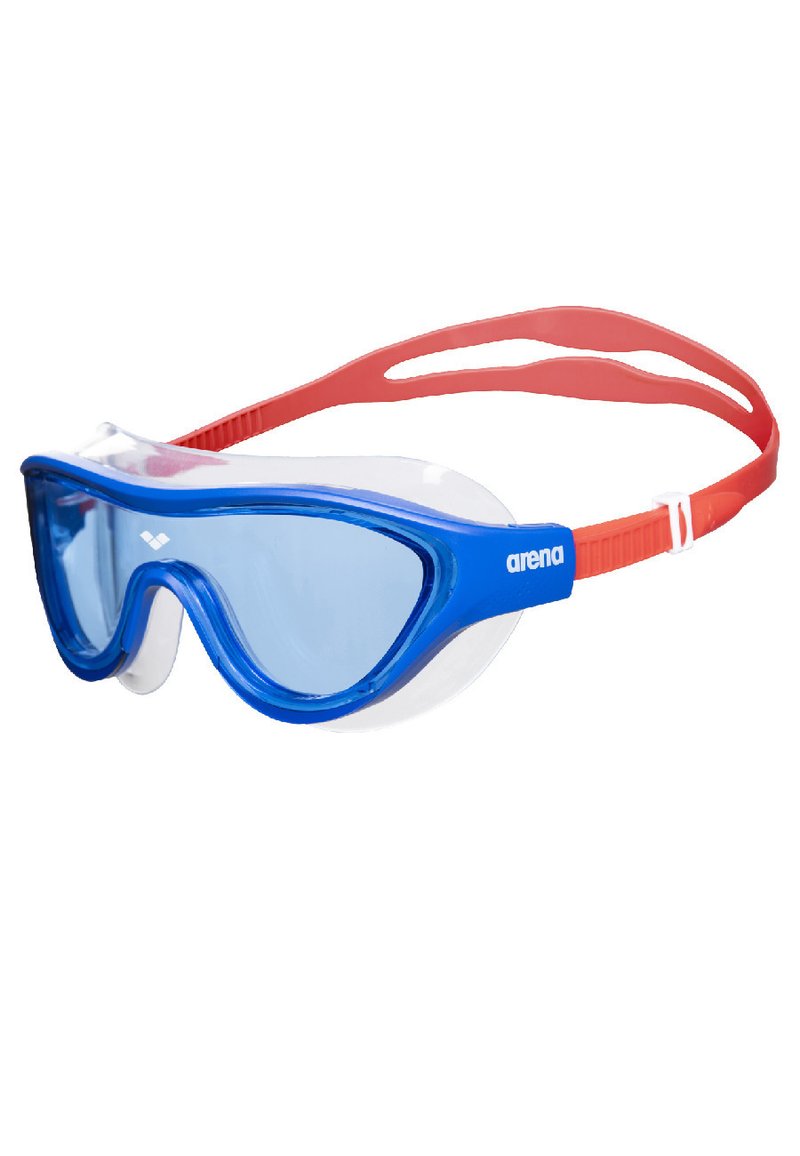 Modré a bílé plavecké brýle s průhledným sklem, červený nastavovací pásek. Disponují zakřiveným designem pro aerodynamické přizpůsobení.