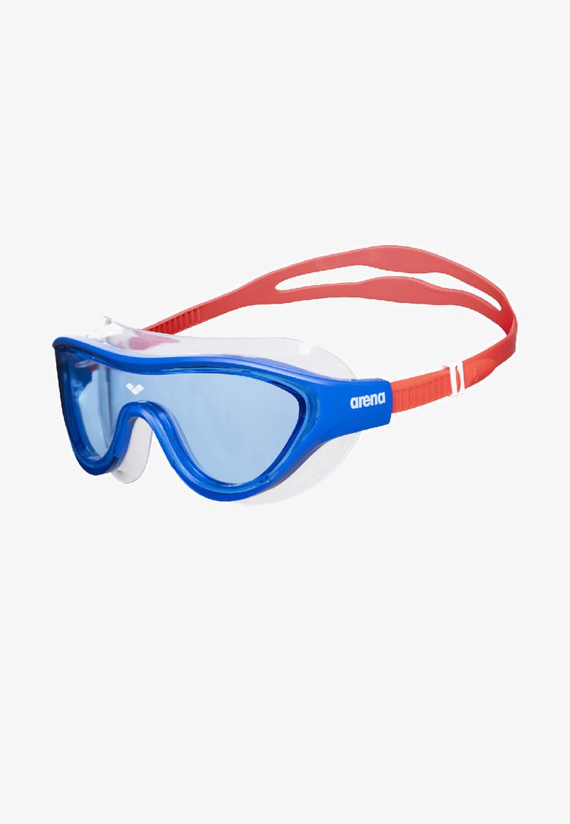 Modré a bílé plavecké brýle s průhledným sklem, červený nastavovací pásek. Disponují zakřiveným designem pro aerodynamické přizpůsobení.