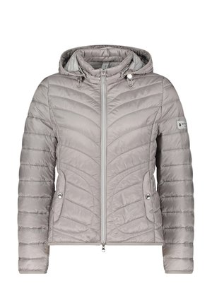 Jasnoszara, pikowana kurtka puchowa z kapturem, zapinana na suwak, z dwoma bocznymi kieszeniami i srebrnymi elementami ozdobnymi.