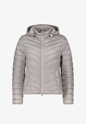 Hellgraue Steppjacke mit Kapuze, ausgestattet mit Reißverschluss, gesteppter Optik, zwei Seitentaschen und silbernen Metallakzenten.