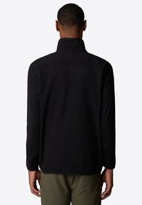 Schwarzer Fleece-Pullover mit hohem Kragen, langen Ärmeln und geradem Saum. Verfügt über eine glatte Textur und minimale Nahtdetails.