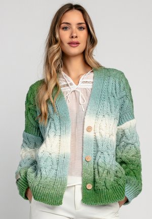 Wełniany kardigan z gradientem zieleni i niebieskiego, z fakturowanym wzorem, drewnianymi guzikami oraz luźnym krojem.