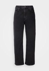 Sorte denim jeans med lige snit, fem lommer og kontrasterende syninger. Har en knaplukning og bæltestropper i taljen.