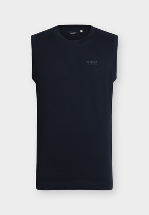 Marineblaues ärmelloses Herren-T-Shirt mit Rundhalsausschnitt und kleinem "1962 Tom Tailor"-Logo auf der linken Brust, mittlere Größe.