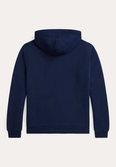 Sudadera con capucha azul marino vista desde atrás con mangas largas, capucha y puños y dobladillo acanalados.