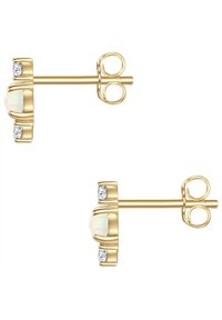 Aukso stud auskarai su ovaliu opalu centre, iš abiejų pusių puošiami dviem skaidriais akmenimis, su poliruotu paviršiumi ir saugiu drugelio užtrauktuku.