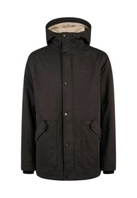 Schwarze gefütterte Winterjacke mit Knopfverschluss, zwei vorderen Klapptaschen und beigem Fleece-Futter im Inneren der Kapuze.
