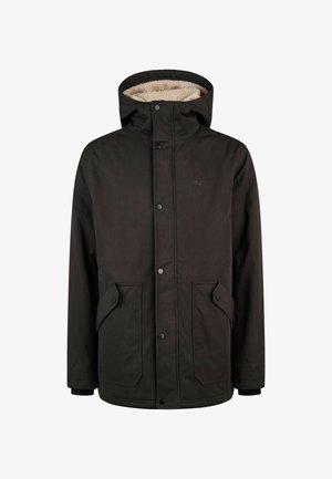 Schwarze gefütterte Winterjacke mit Knopfverschluss, zwei vorderen Klapptaschen und beigem Fleece-Futter im Inneren der Kapuze.