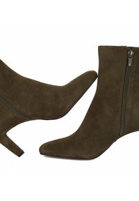 Pair of olive green suede ankle boots with pointed toes, side zippers, and mid-height block heels.