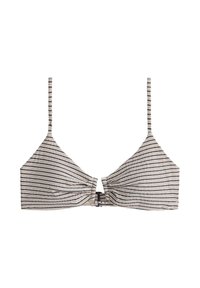 Haut de bikini rayé horizontal noir et blanc avec fines bretelles et fermeture à clip à l'avant sur fond blanc.