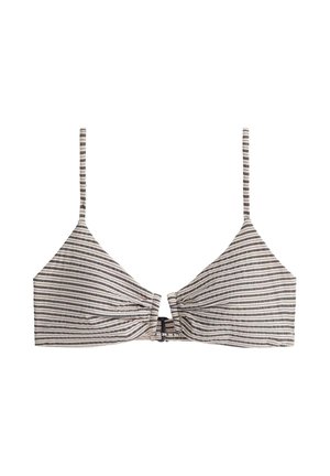 Schwarz-weiß gestreiftes Bikinioberteil mit dünnen Schulterträgern und Frontverschluss vor weißem Hintergrund.