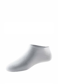 Calzino bianco a taglio basso mostrato su uno sfondo bianco uniforme, con in evidenza la texture a maglia e il polsino elasticizzato.