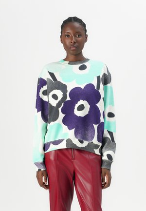 Colorful floral-patterned sweatshirt made of soft fabric, featuring large purple, turquoise, and gray flowers on a white background.