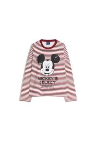 Cămașă cu dungi roșii și albe cu mânecă lungă, având un grafic mare în alb și negru cu Mickey Mouse și textul "MICKEY'S SELECT" tipărit cu litere îngroșate.