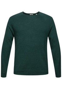 Pull vert foncé à manches longues avec col rond, présentant une subtile texture côtelée horizontale, affiché sur un fond blanc.