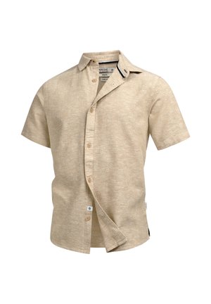 Beige linnedamesskjorte med korte ærmer, knaplukning foran og krave, vist delvist udbuttonet på hvid baggrund.