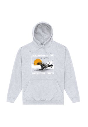 Hellgrauer Hoodie mit einem futuristischen Raumschiff-Design, orangefarbenem Sonnenmotiv und dem Text "INTERGALACTIC SPECIAL OPS" auf der Vorderseite.