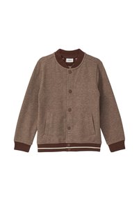 Brązowa marynarka w jodełkę z okrągłym dekoltem, zapinana na guziki, z dwoma bocznymi kieszeniami oraz brązowymi ściągaczami na rękawach i u dołu. Podkreślona ciemnobrązowymi detalami.