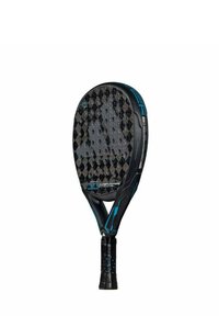 Black paddle with a textured surface, blue accents, and a diamond pattern. Features a tapered handle with grip indentation for comfort.