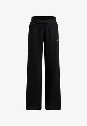 Zwarte loszittende trainingsbroek met elastische tailleband en trekkoord, met een klein wit Under Armour-logo op de rechterdij.