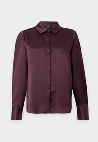 Burgundy satin button-up blouse with a classic collar, long sleeves, and a smooth texture. Features front placket with matching buttons.