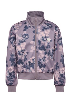 Lilla jakke med fuld lynlås, høj krave, ribstrikkede manchetter og kant samt et lyserødt og mørkeblåt blomsterprint på stoffet.