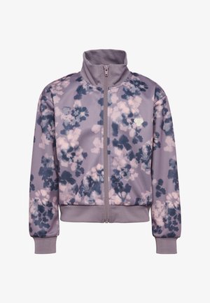 Lilla jakke med fuld lynlås, høj krave, ribstrikkede manchetter og kant samt et lyserødt og mørkeblåt blomsterprint på stoffet.