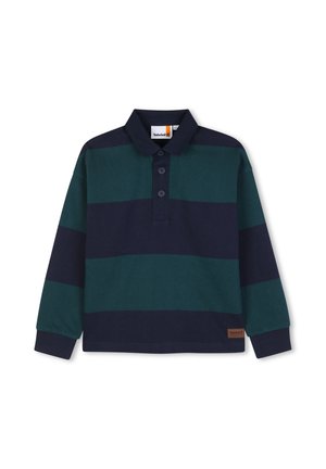 Polo à manches longues avec rayures horizontales vert foncé et bleu marine, col boutonné, poignets côtelés et écusson logo Timberland près de l'ourlet.