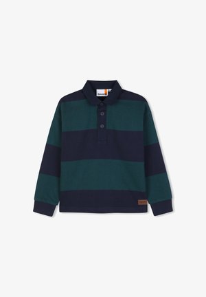 Polo à manches longues avec rayures horizontales vert foncé et bleu marine, col boutonné, poignets côtelés et écusson logo Timberland près de l'ourlet.